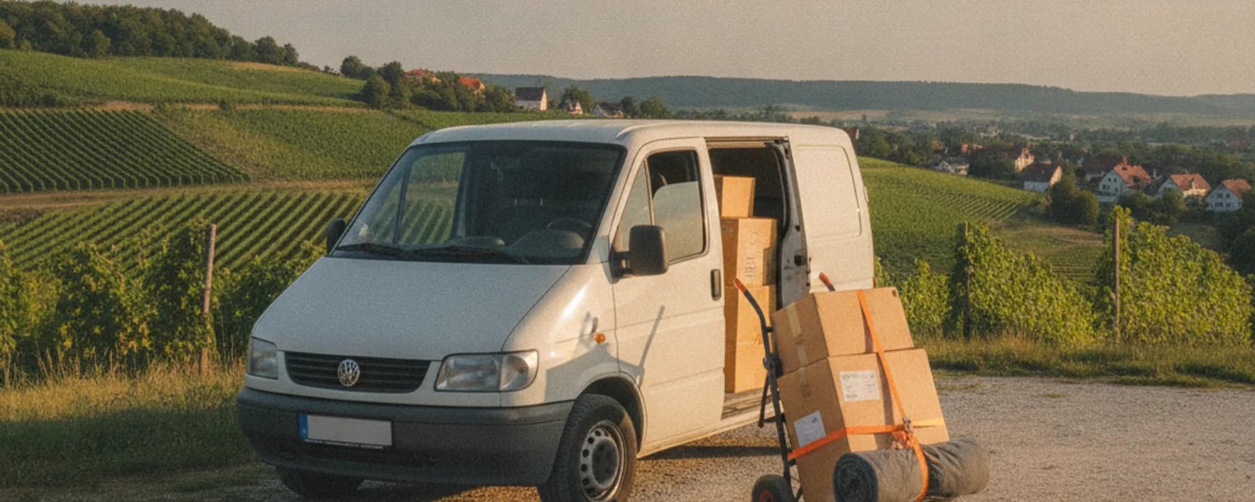 Umzugswagen mit beladener Sackkarre vor den Weinbergen des Markgräflerlands