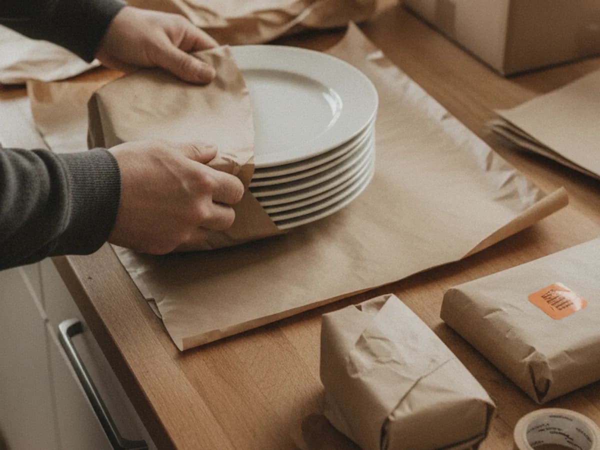 Hände verpacken Geschirr sorgfältig in Packpapier