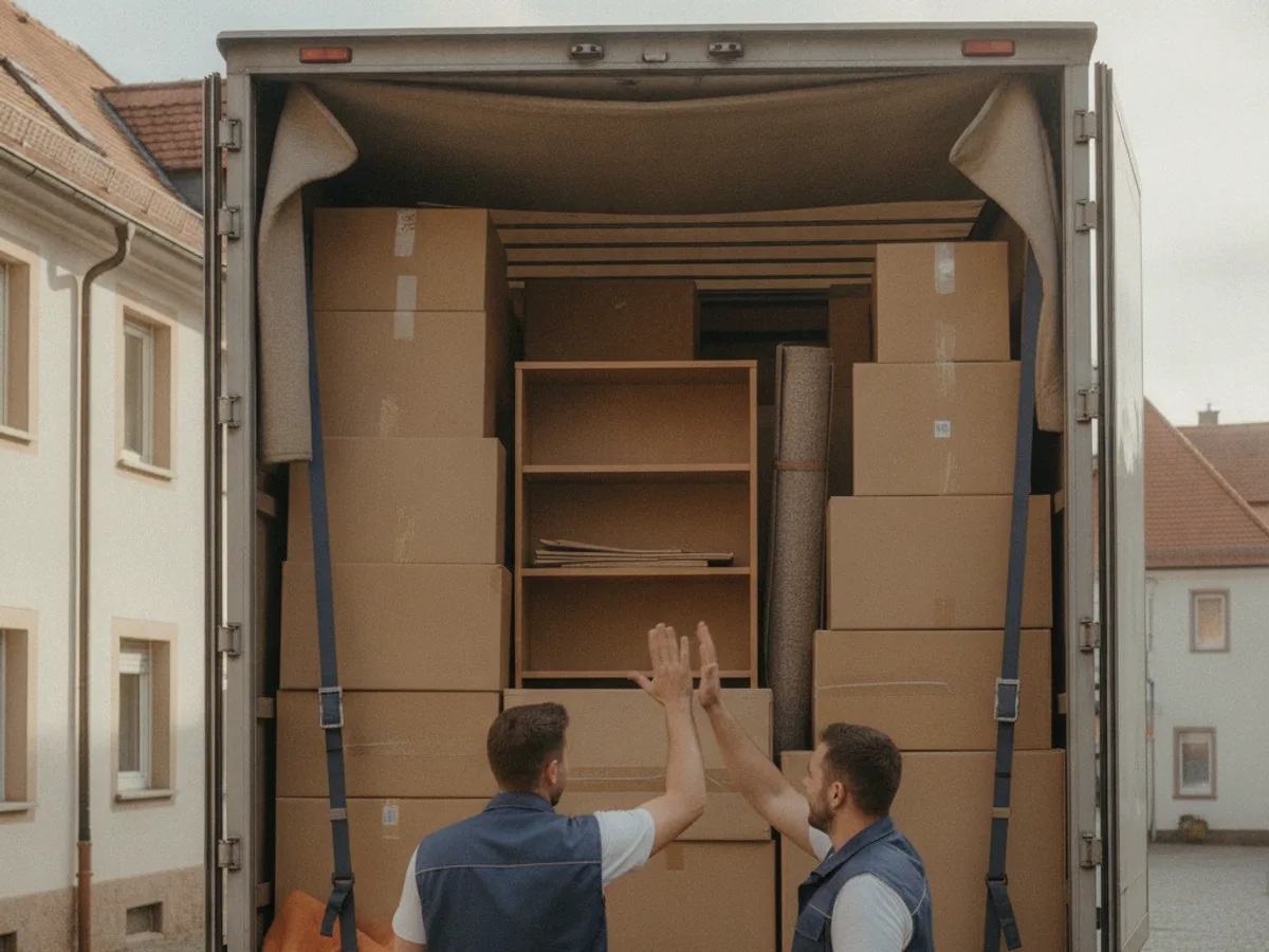 Zwei Möbelpacker klatschen sich nach getaner Arbeit ab