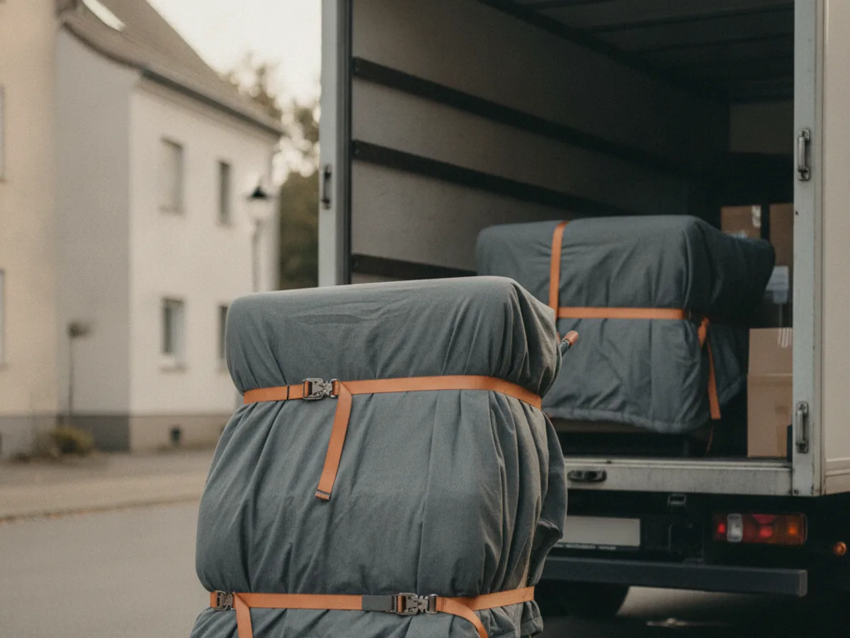 Eingepacktes Sofa auf einer Sackkarre vor einem Transporter