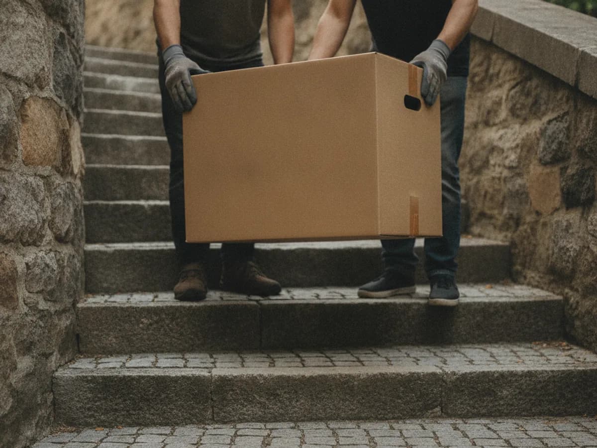 Hände tragen einen Umzugskarton eine Treppe hinunter