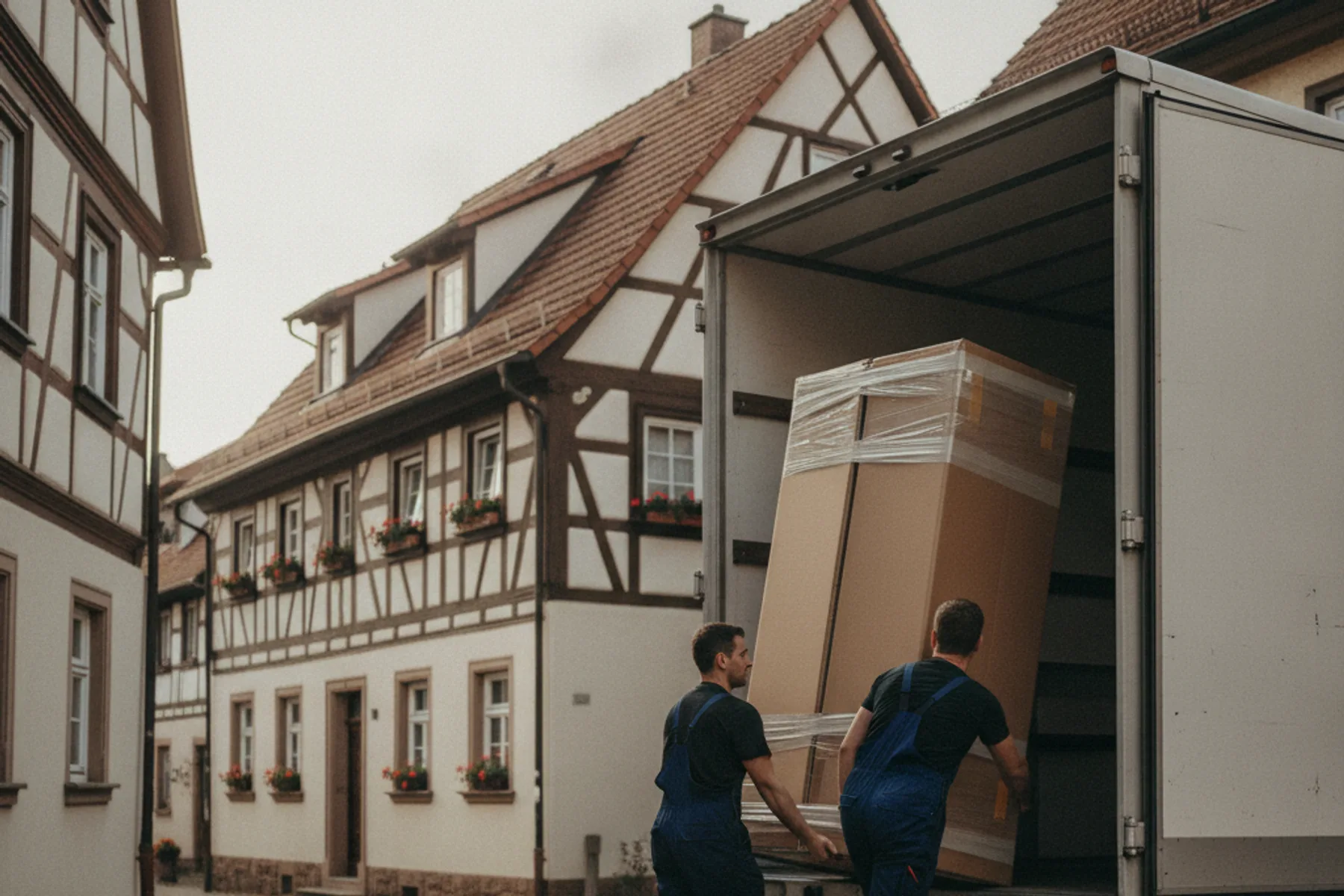 Zwei Möbelpacker tragen einen eingepackten Kleiderschrank in einen Umzugswagen vor einem Haus in Müllheim-Niederweiler